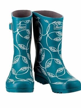 Teal Women's Rain Boots with Leaf Print